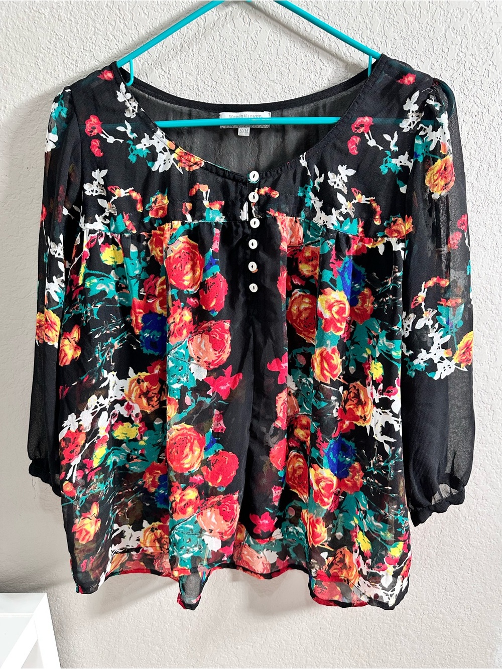 World Market Black Floral Sheer Peasant Blouse Size S/M Boho Cottagecore